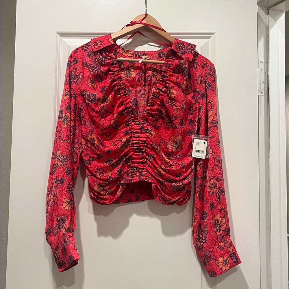 Free people Floral Ruched Red Blouse